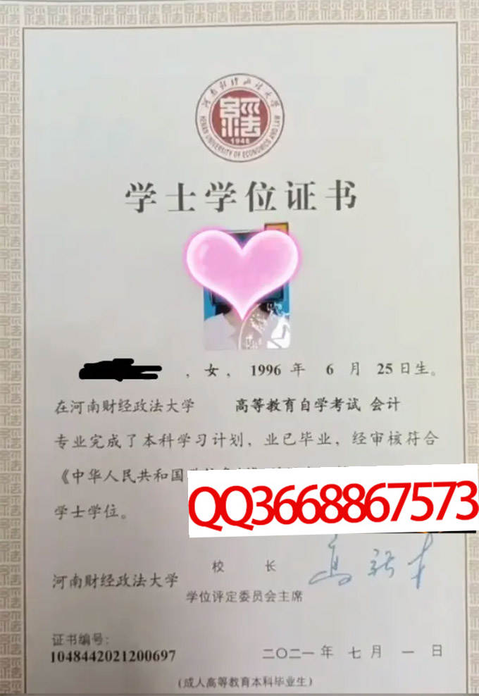 河南财经政法大学2021年学位证样本