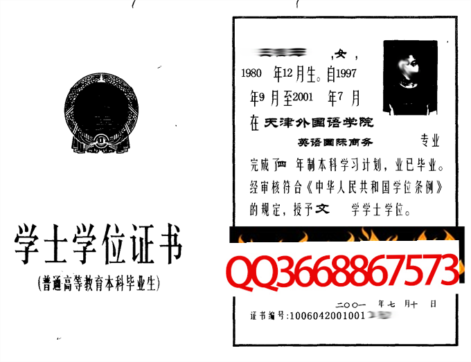 天津外国语学院2001年学位证样本